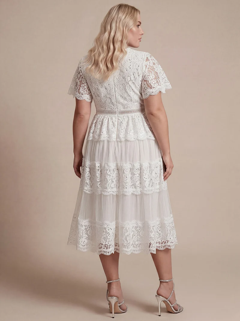Robe en tulle A-line longueur thé à manches courtes décolleté en V avec sequins