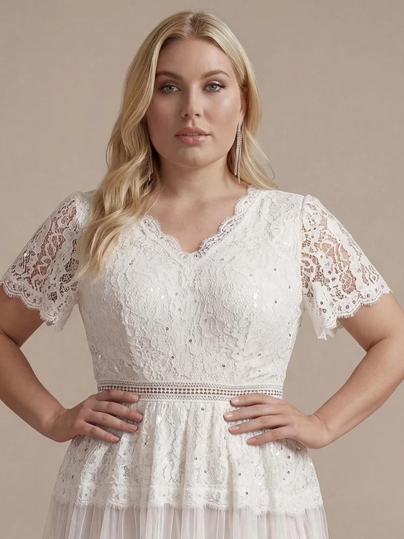 Robe en tulle A-line longueur thé à manches courtes décolleté en V avec sequins