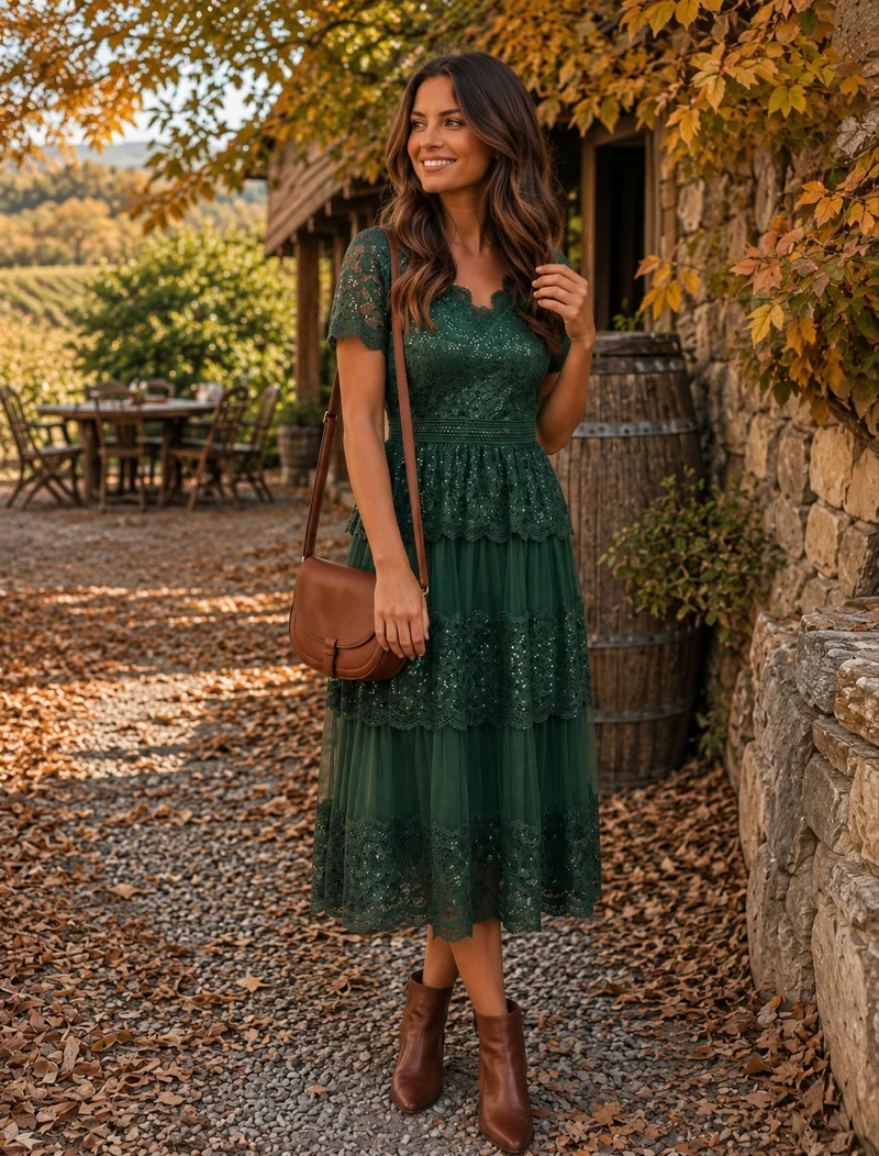 Robe en tulle A-line longueur thé à manches courtes décolleté en V avec sequins