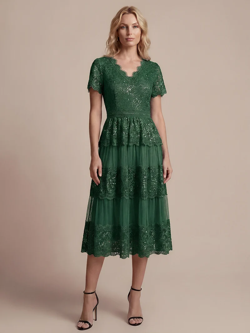 Robe en tulle A-line longueur thé à manches courtes décolleté en V avec sequins