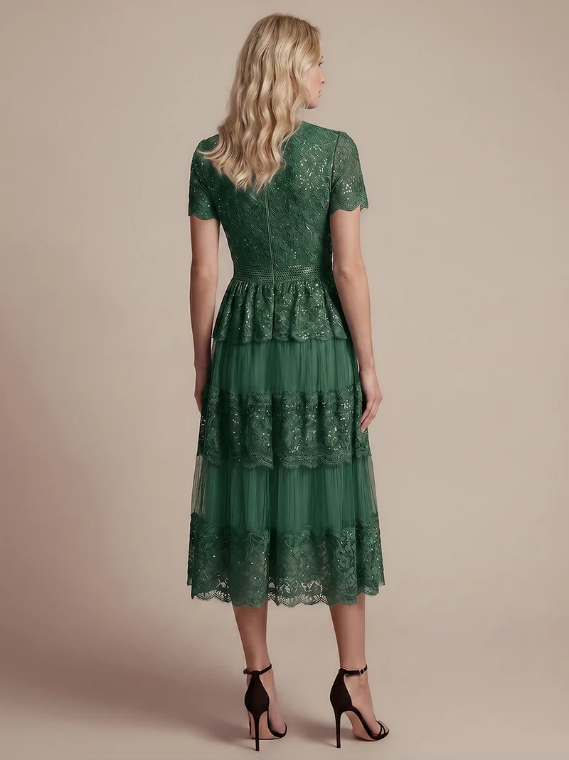 Robe en tulle A-line longueur thé à manches courtes décolleté en V avec sequins