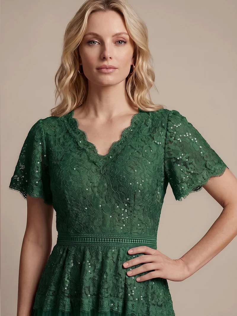 Robe en tulle A-line longueur thé à manches courtes décolleté en V avec sequins