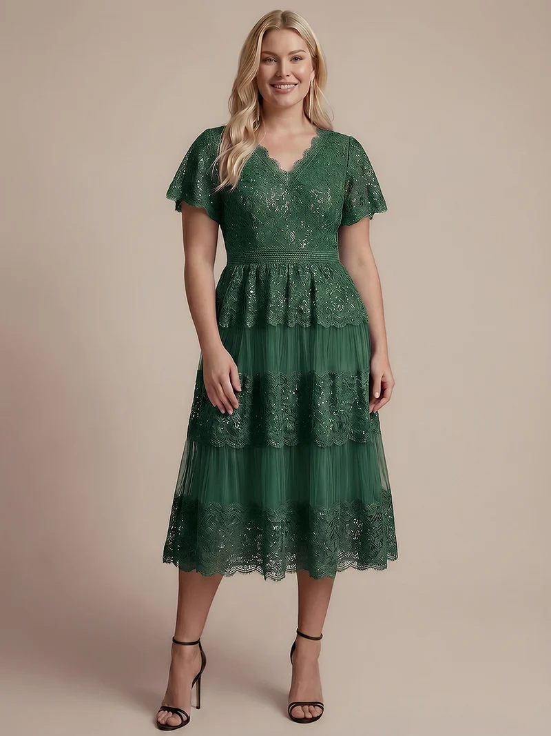 Robe en tulle A-line longueur thé à manches courtes décolleté en V avec sequins
