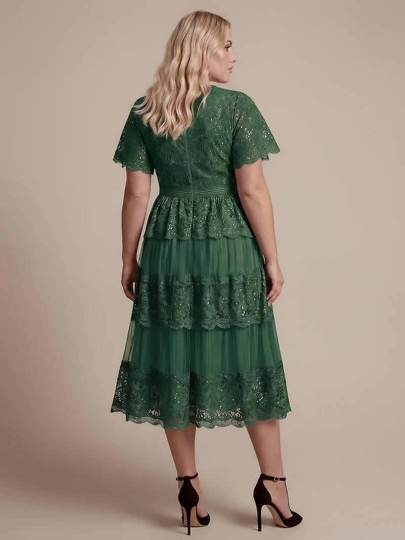 Robe en tulle A-line longueur thé à manches courtes décolleté en V avec sequins