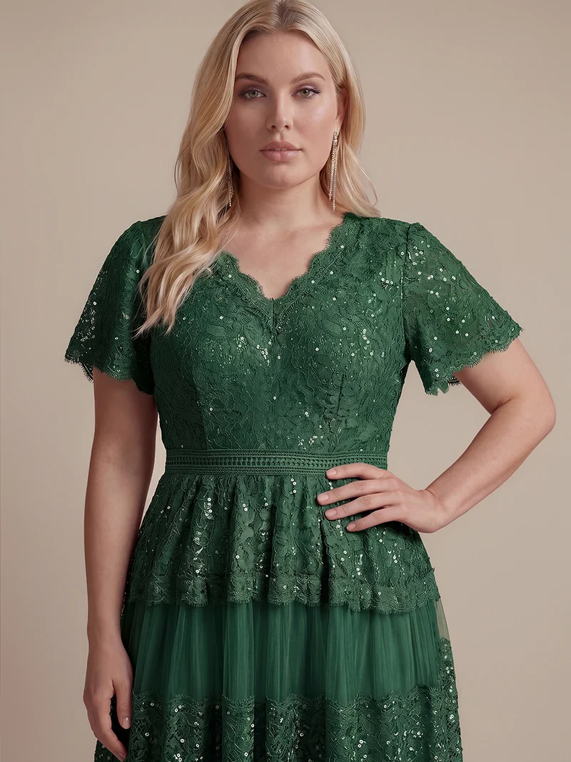 Robe en tulle A-line longueur thé à manches courtes décolleté en V avec sequins