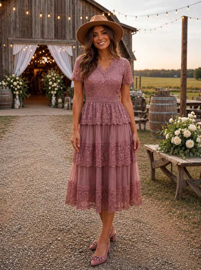 Robe en tulle A-line longueur thé à manches courtes décolleté en V avec sequins