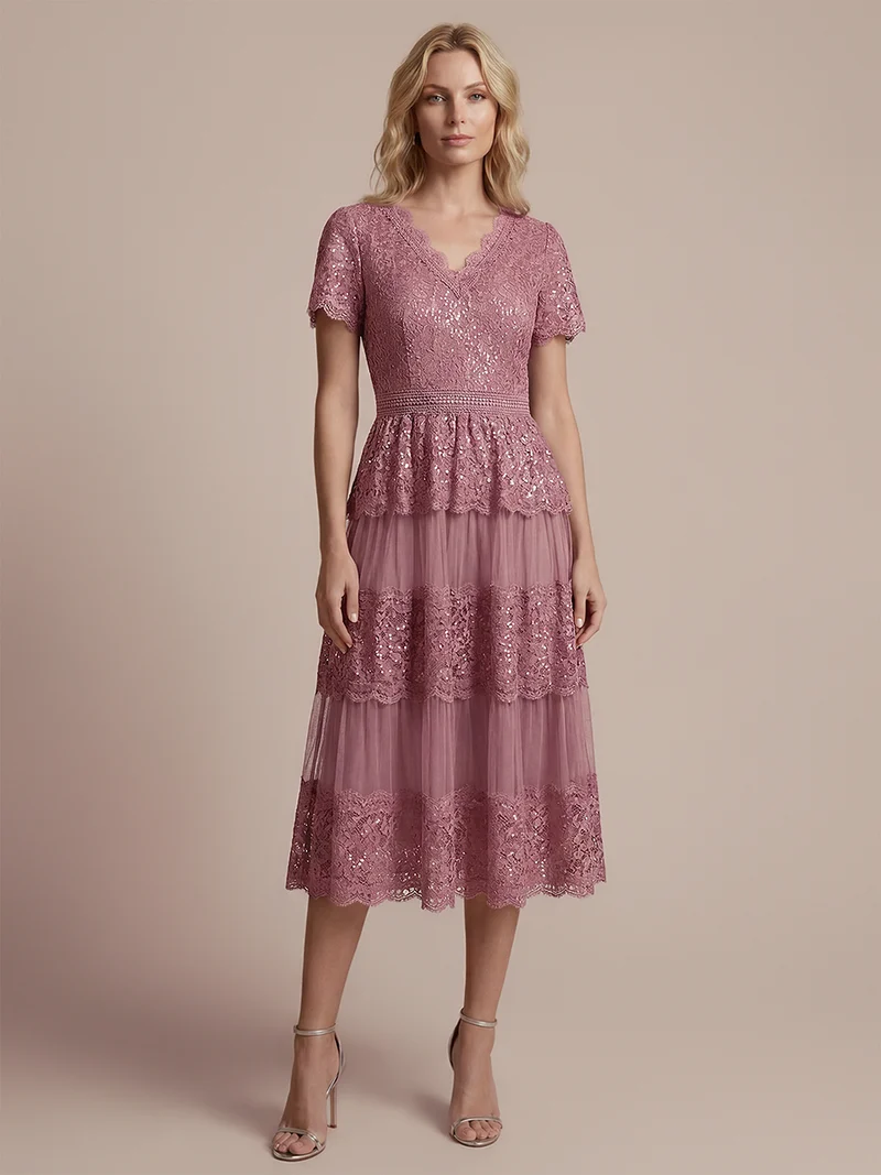 Robe en tulle A-line longueur thé à manches courtes décolleté en V avec sequins