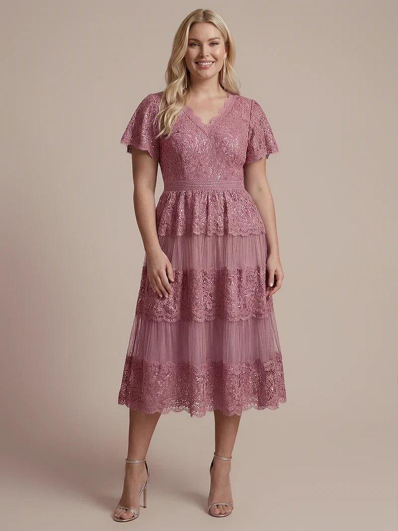 Robe en tulle A-line longueur thé à manches courtes décolleté en V avec sequins