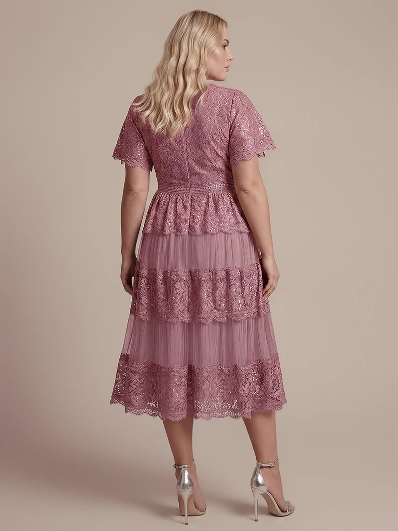 Robe en tulle A-line longueur thé à manches courtes décolleté en V avec sequins