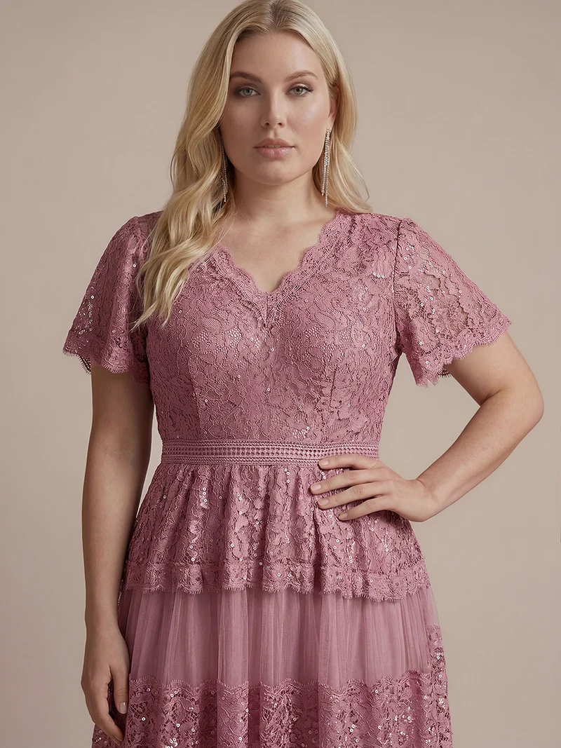 Robe en tulle A-line longueur thé à manches courtes décolleté en V avec sequins