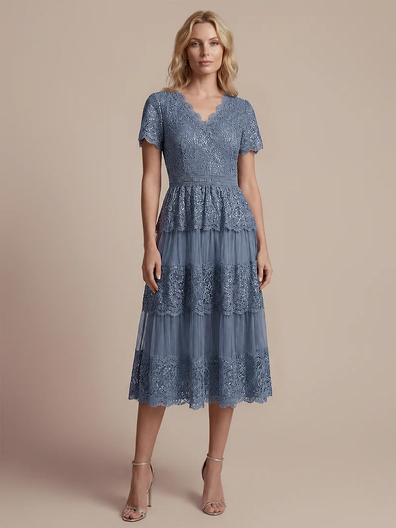 Robe en tulle A-line longueur thé à manches courtes décolleté en V avec sequins
