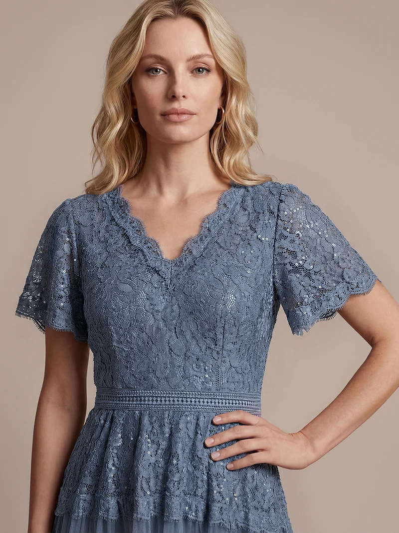 Robe en tulle A-line longueur thé à manches courtes décolleté en V avec sequins