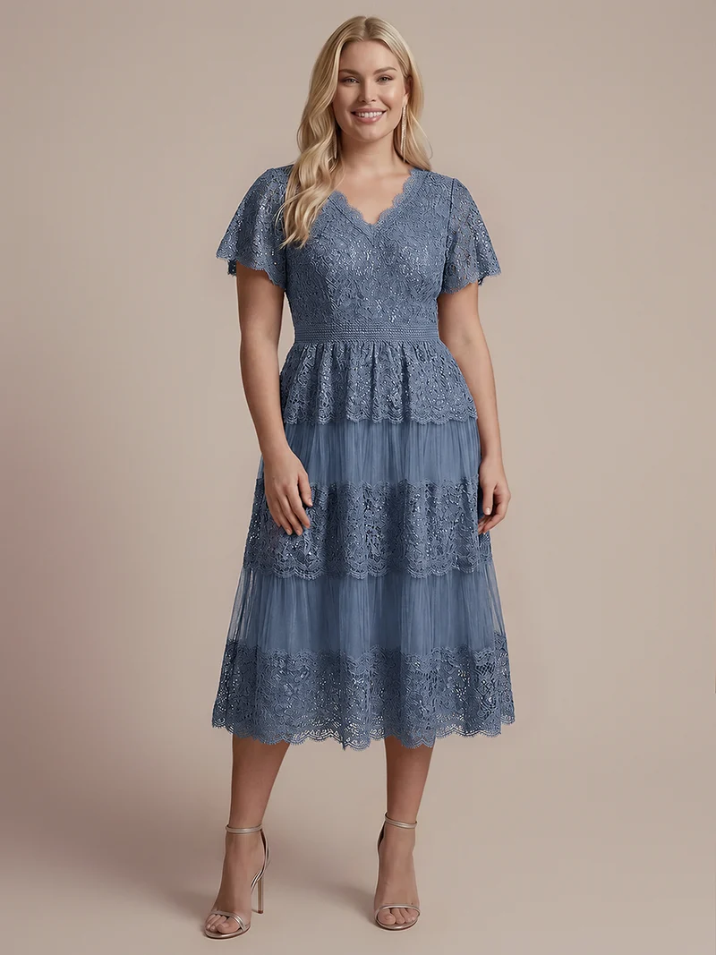 Robe en tulle A-line longueur thé à manches courtes décolleté en V avec sequins