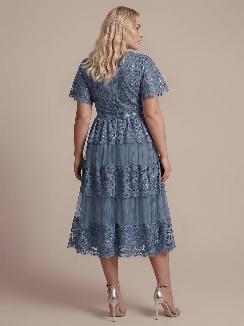 Robe en tulle A-line longueur thé à manches courtes décolleté en V avec sequins