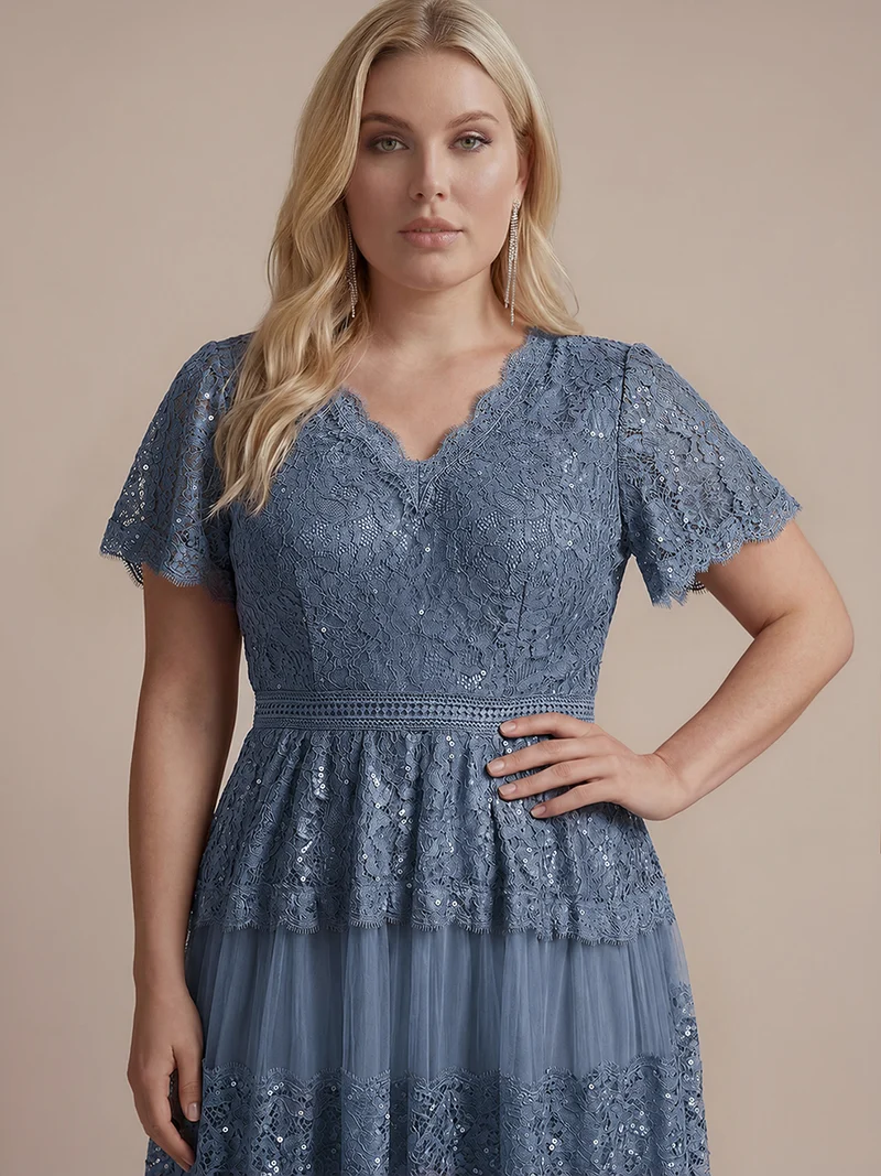 Robe en tulle A-line longueur thé à manches courtes décolleté en V avec sequins