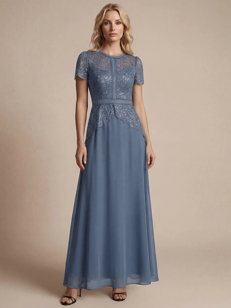 Robe longue à encolure ronde à manches courtes en sequins coupe évasée