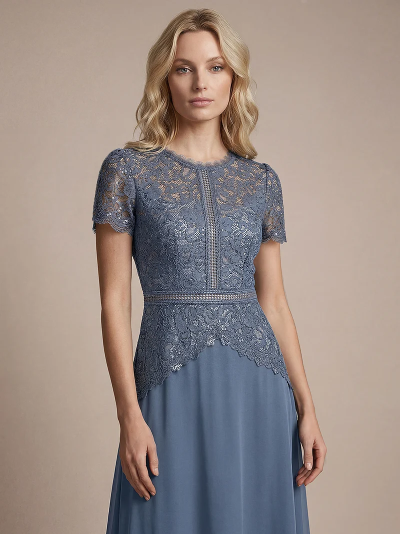 Robe longue à encolure ronde à manches courtes en sequins coupe évasée