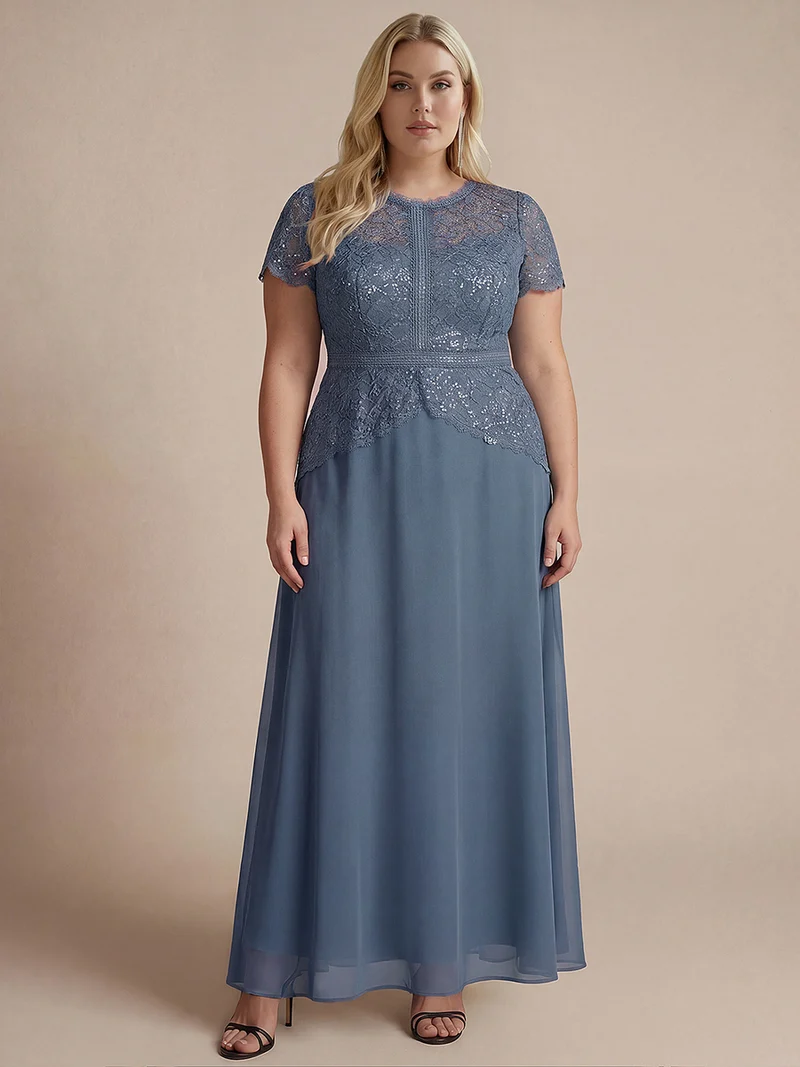 Robe longue à encolure ronde à manches courtes en sequins coupe évasée