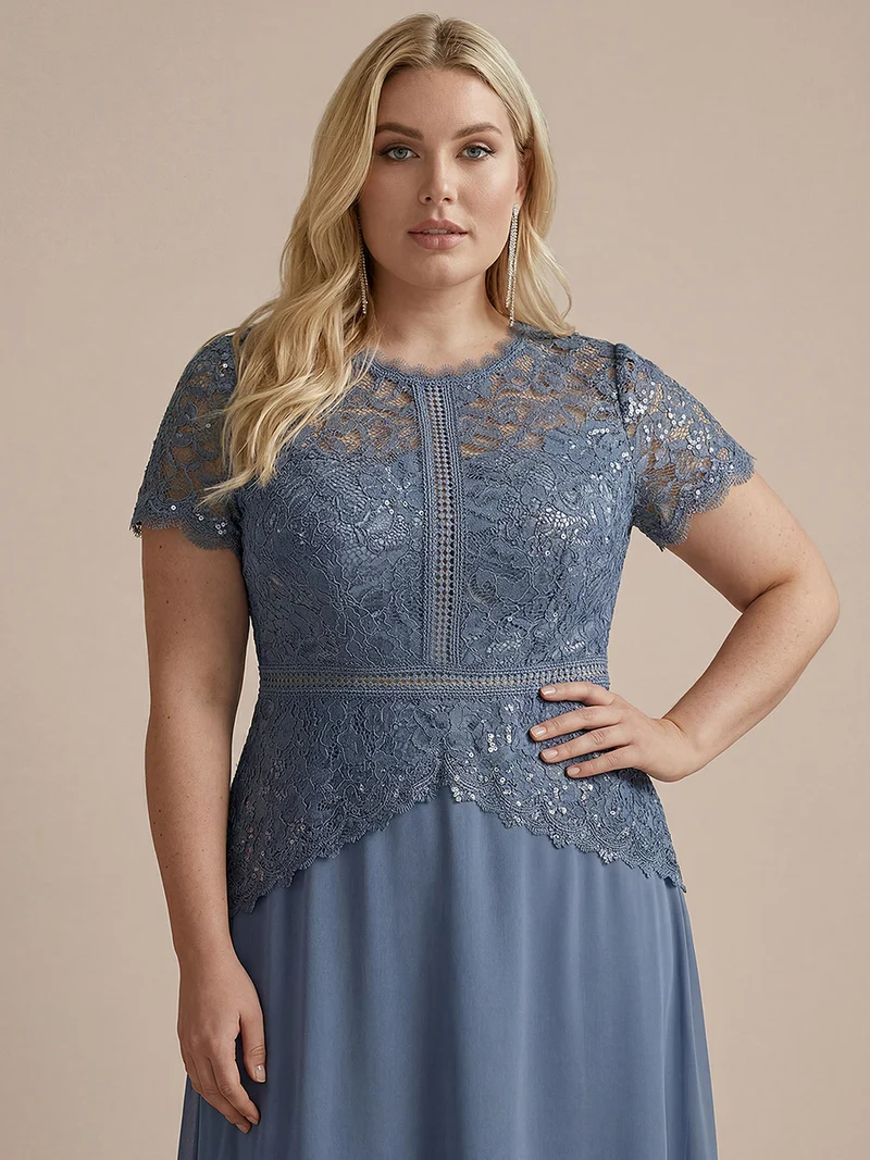 Robe longue à encolure ronde à manches courtes en sequins coupe évasée