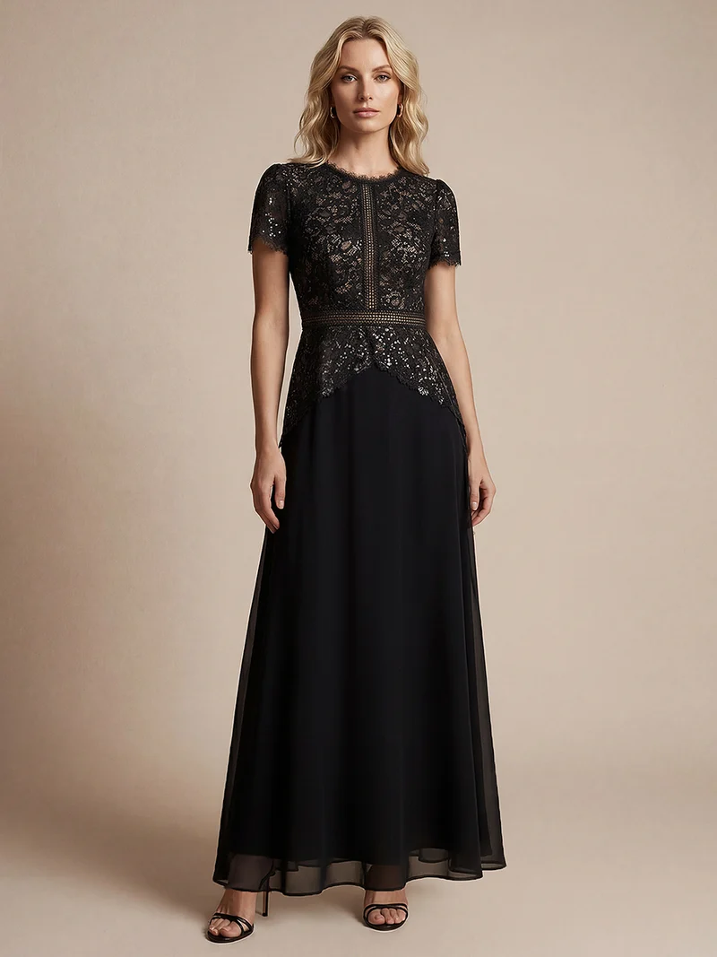 Robe longue à encolure ronde à manches courtes en sequins coupe évasée
