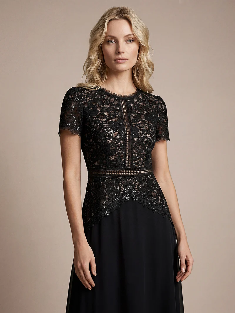 Robe longue à encolure ronde à manches courtes en sequins coupe évasée