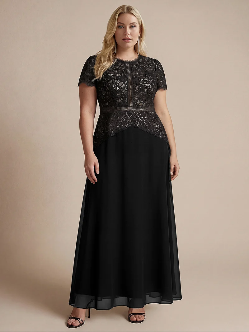 Robe longue à encolure ronde à manches courtes en sequins coupe évasée
