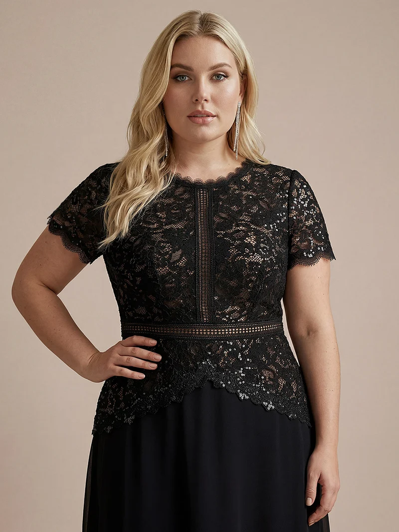 Robe longue à encolure ronde à manches courtes en sequins coupe évasée