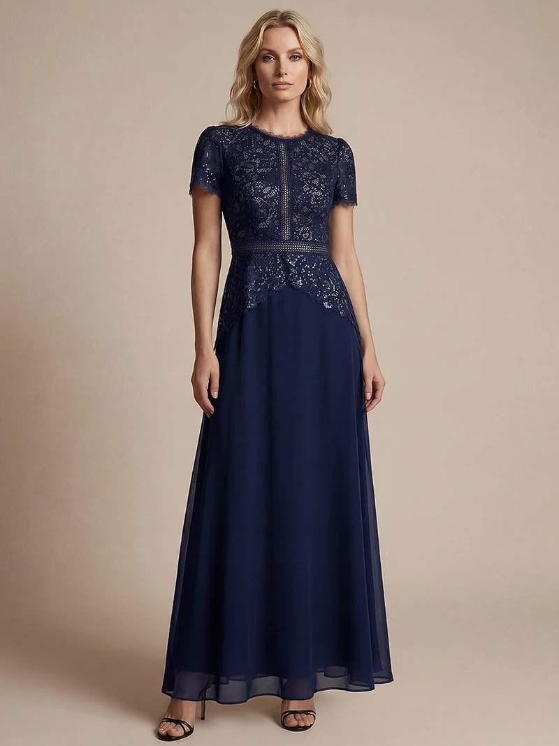 Robe longue à encolure ronde à manches courtes en sequins coupe évasée