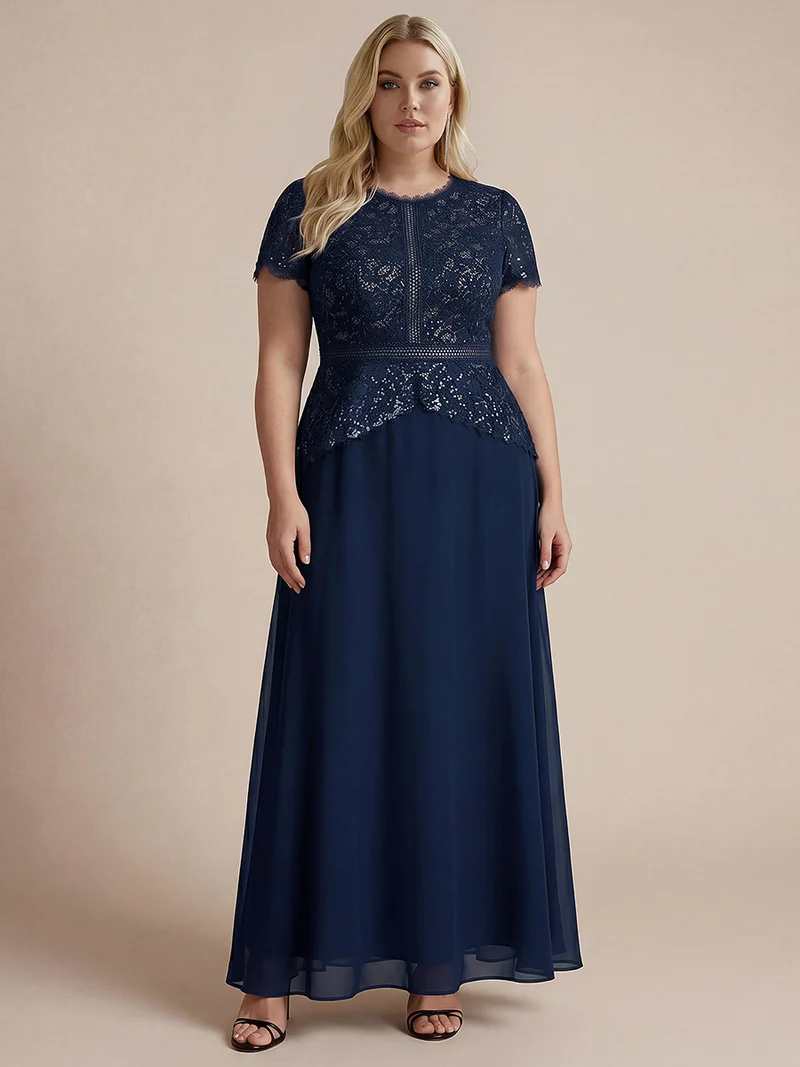 Robe longue à encolure ronde à manches courtes en sequins coupe évasée