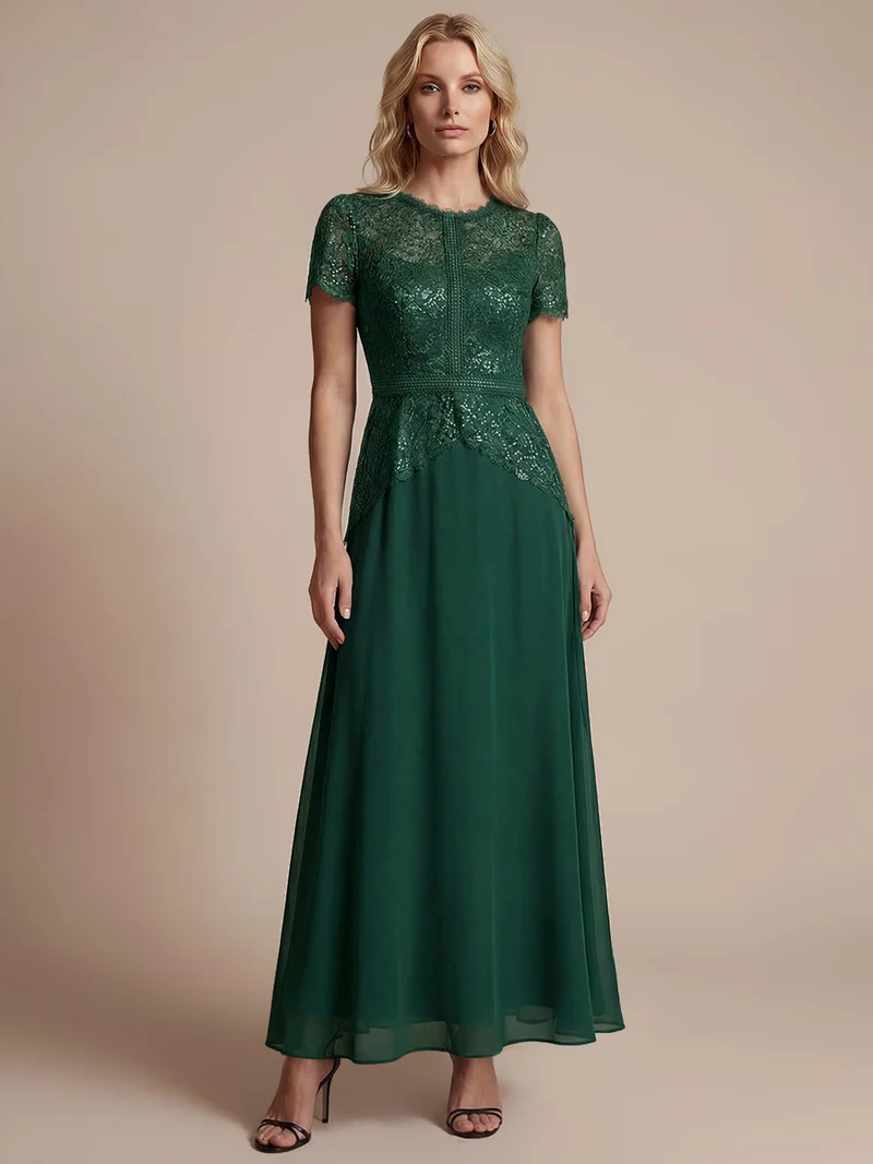Robe longue à encolure ronde à manches courtes en sequins coupe évasée