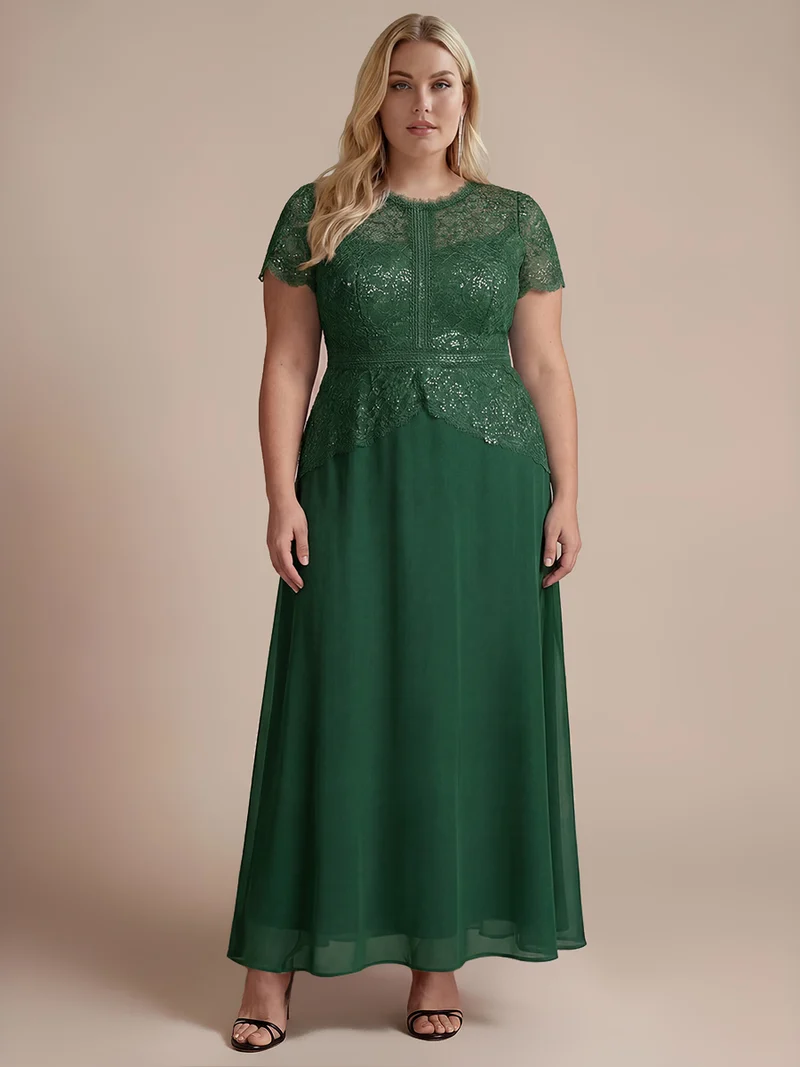 Robe longue à encolure ronde à manches courtes en sequins coupe évasée