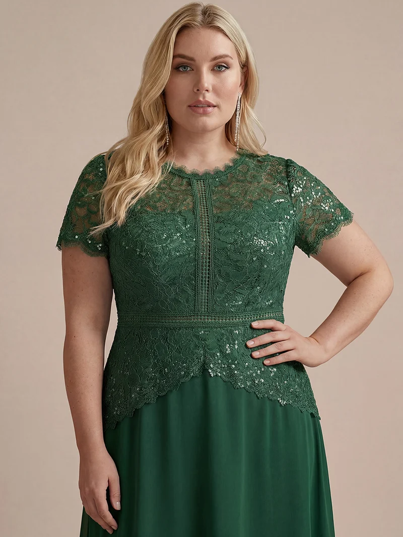 Robe longue à encolure ronde à manches courtes en sequins coupe évasée