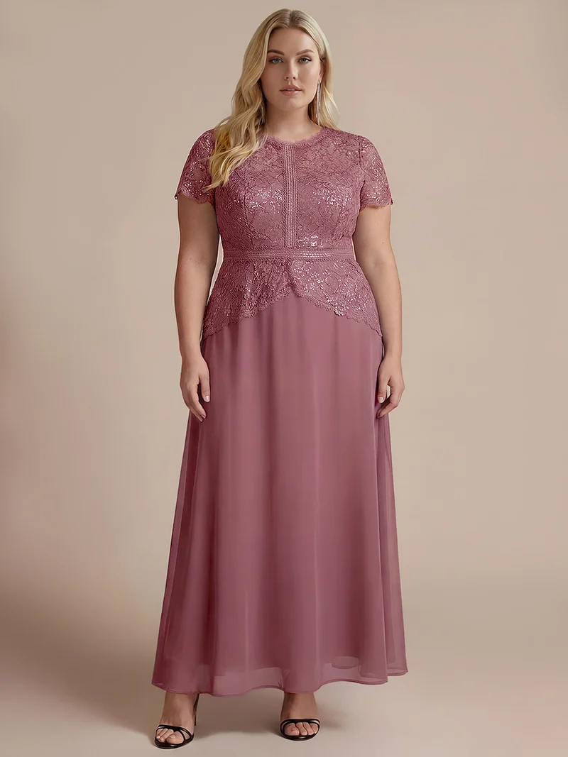 Robe longue à encolure ronde à manches courtes en sequins coupe évasée