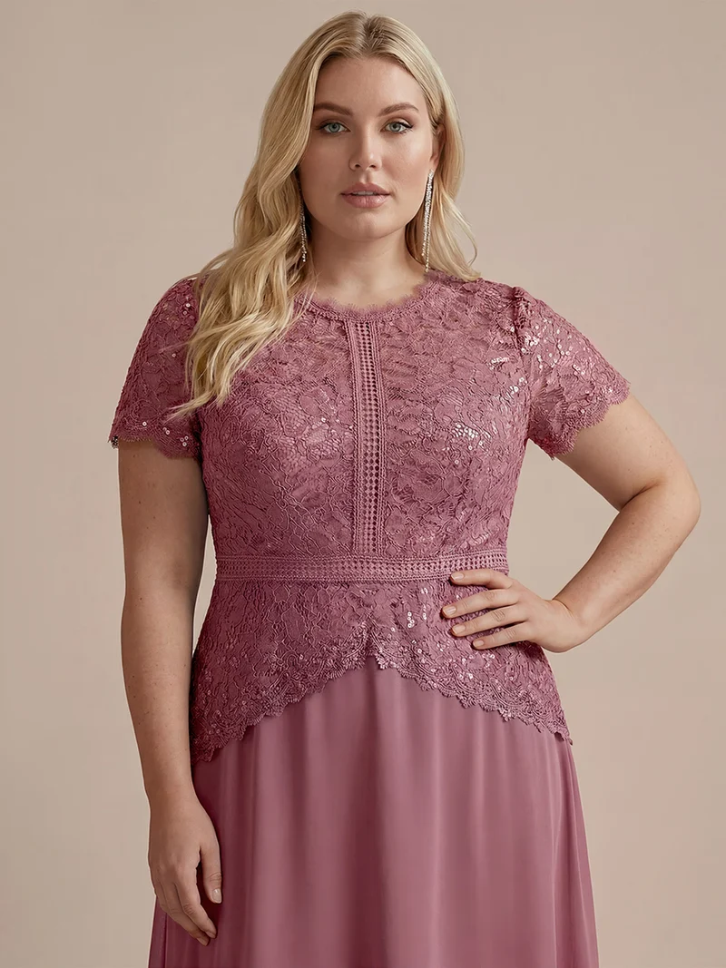 Robe longue à encolure ronde à manches courtes en sequins coupe évasée