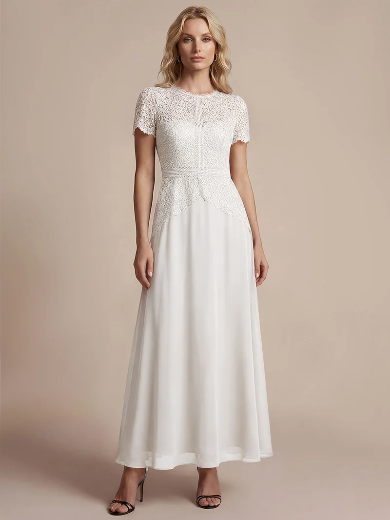 Robe longue à encolure ronde à manches courtes en sequins coupe évasée