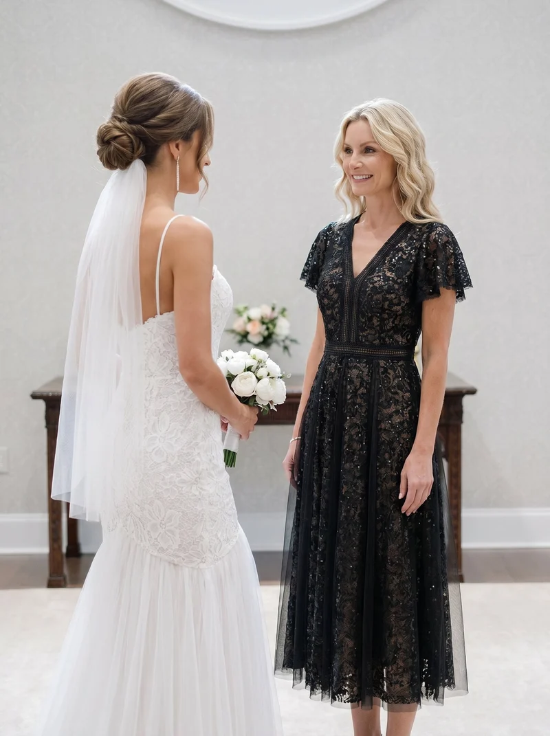 Robe midi évasée en tulle avec manches courtes décolleté en V et volants