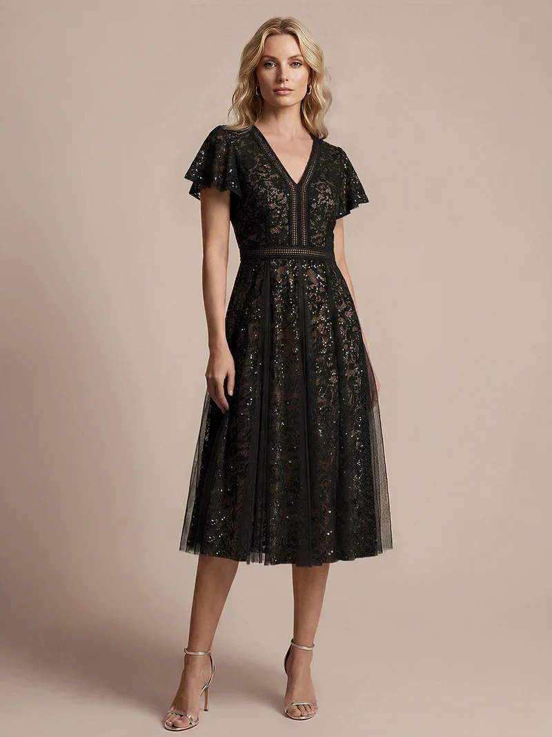 Robe midi évasée en tulle avec manches courtes décolleté en V et volants