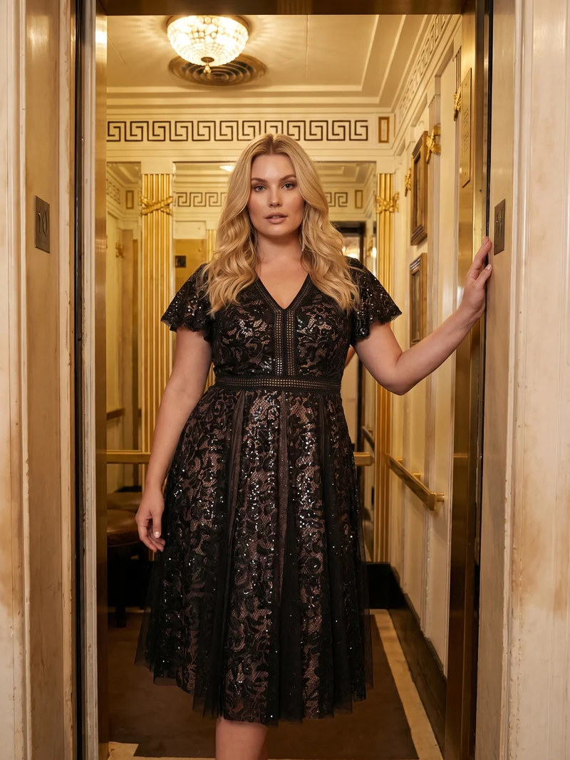 Robe midi évasée en tulle avec manches courtes décolleté en V et volants
