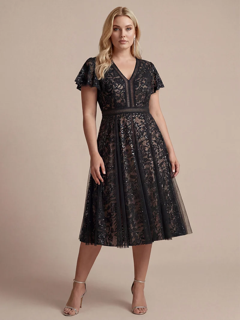 Robe midi évasée en tulle avec manches courtes décolleté en V et volants