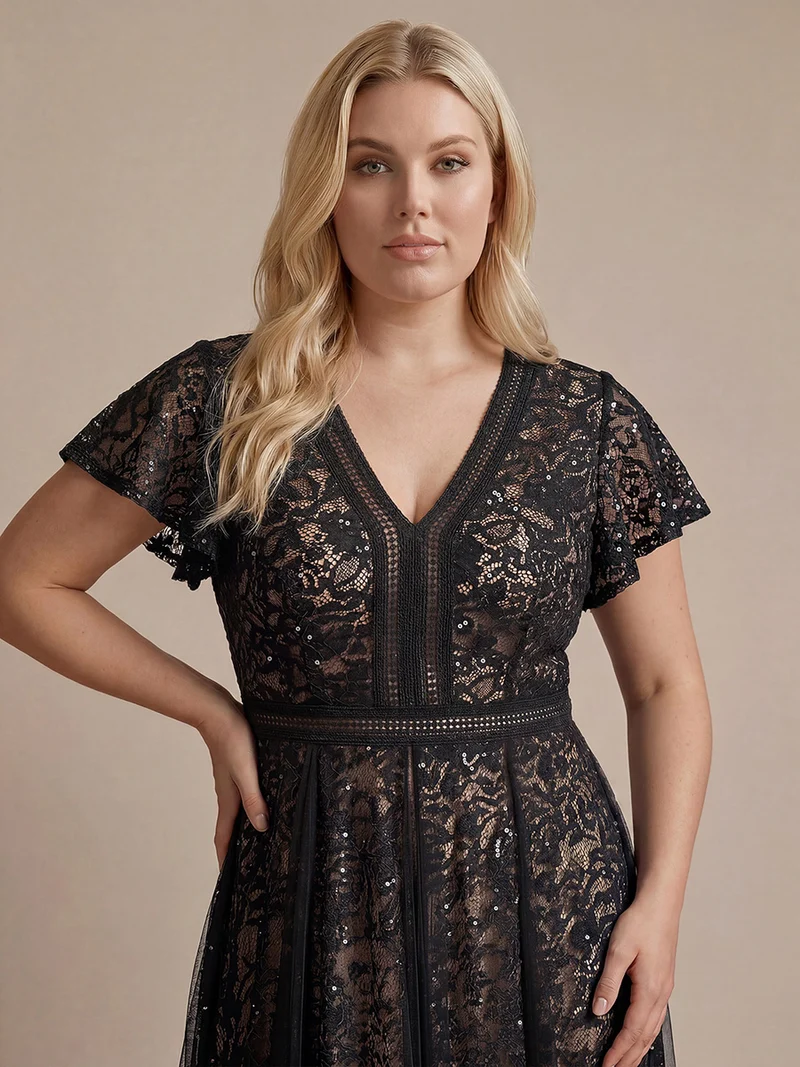 Robe midi évasée en tulle avec manches courtes décolleté en V et volants
