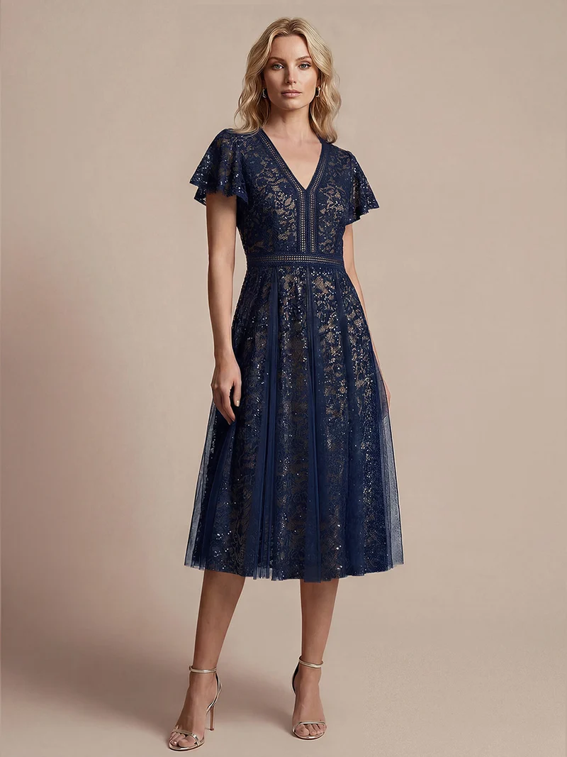 Robe midi évasée en tulle avec manches courtes décolleté en V et volants