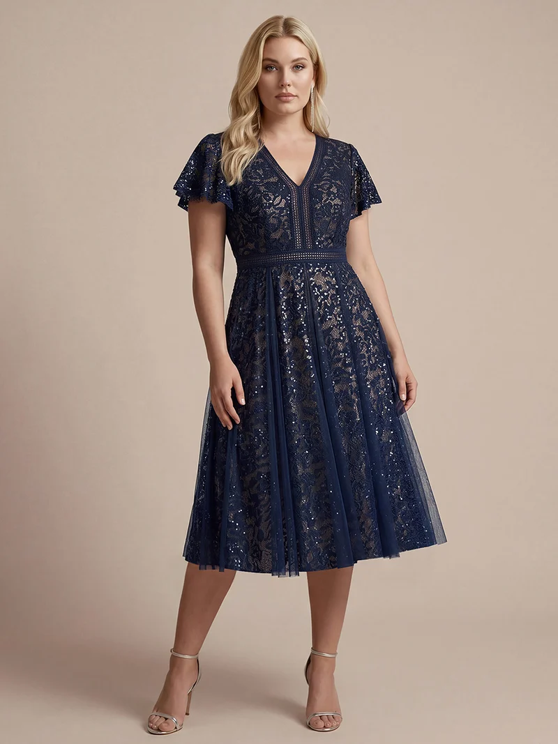 Robe midi évasée en tulle avec manches courtes décolleté en V et volants