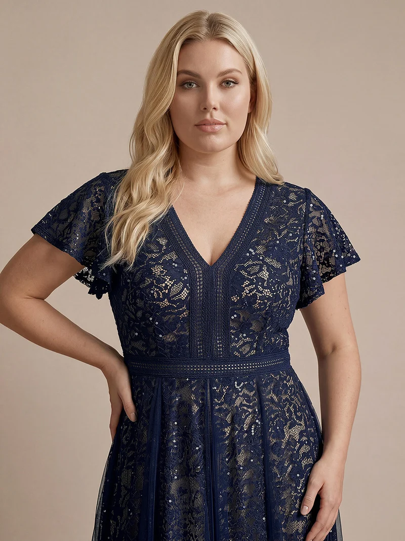 Robe midi évasée en tulle avec manches courtes décolleté en V et volants