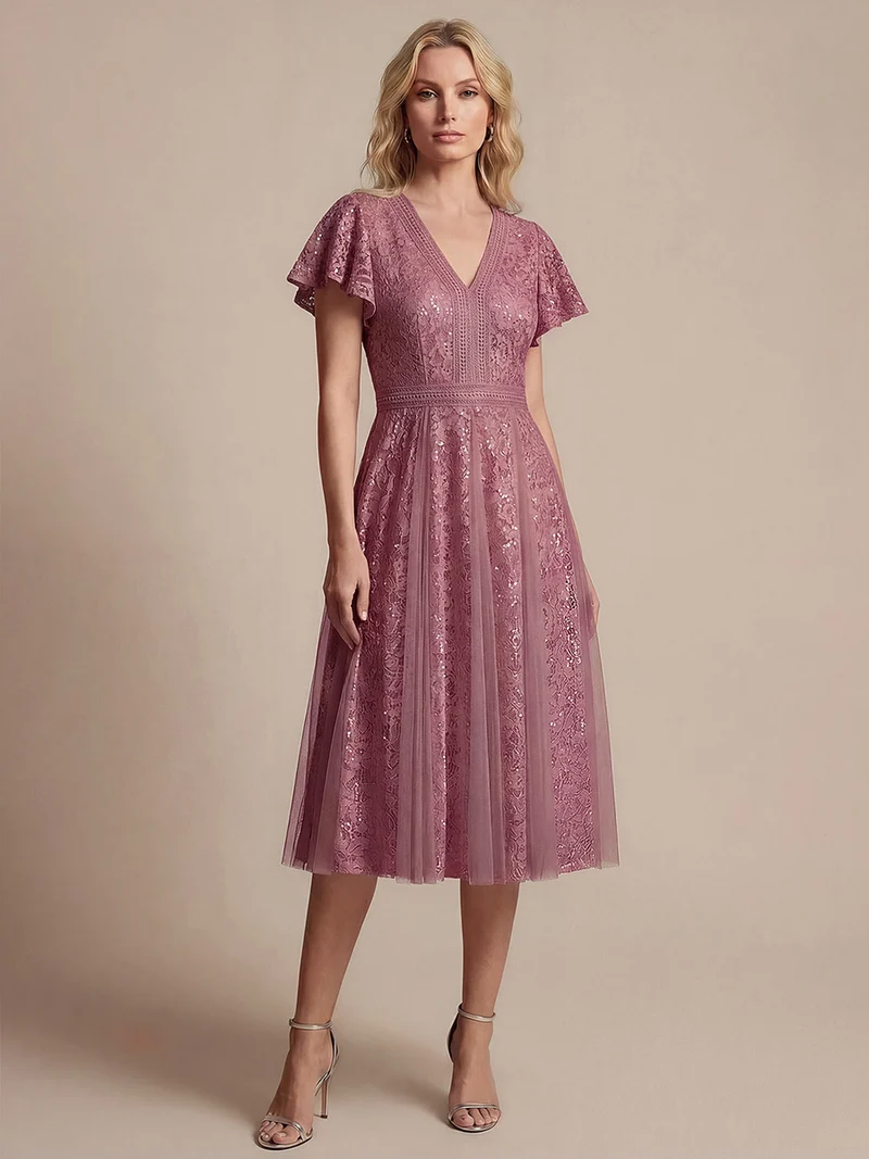 Robe midi évasée en tulle avec manches courtes décolleté en V et volants