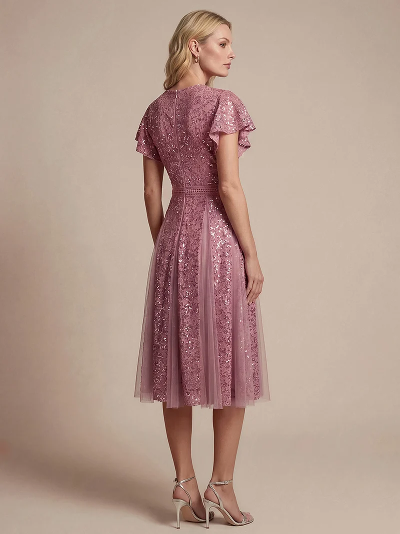 Robe midi évasée en tulle avec manches courtes décolleté en V et volants