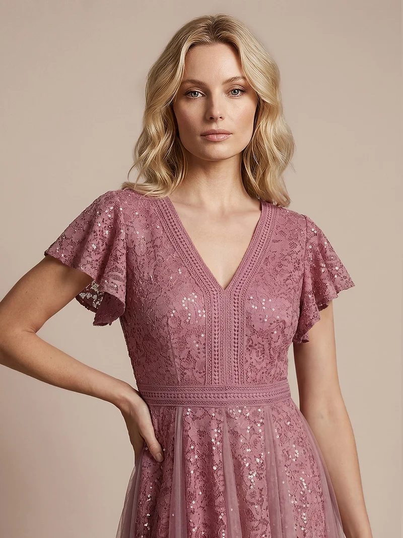 Robe midi évasée en tulle avec manches courtes décolleté en V et volants