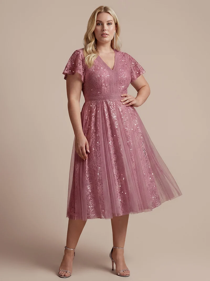 Robe midi évasée en tulle avec manches courtes décolleté en V et volants