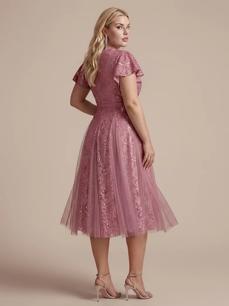 Robe midi évasée en tulle avec manches courtes décolleté en V et volants