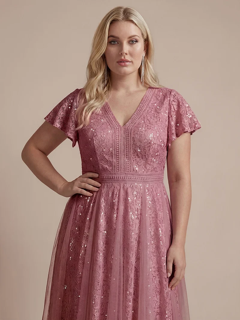 Robe midi évasée en tulle avec manches courtes décolleté en V et volants