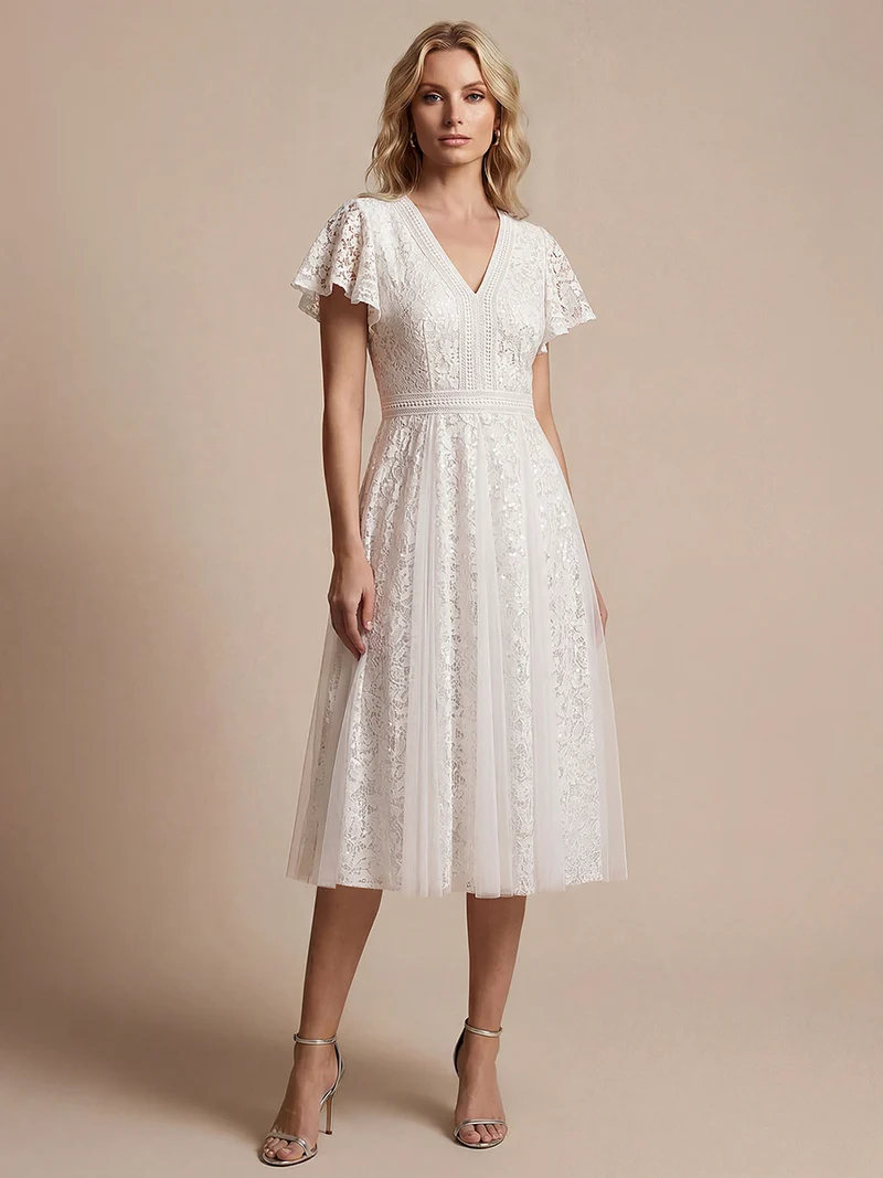 Robe midi évasée en tulle avec manches courtes décolleté en V et volants
